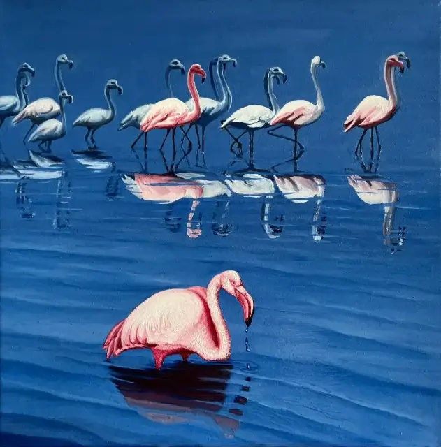 The Journey of a Lifetime - Flamingos (Phoenicopterus), Indian ink and oil painting on canvas, 43x43 cm